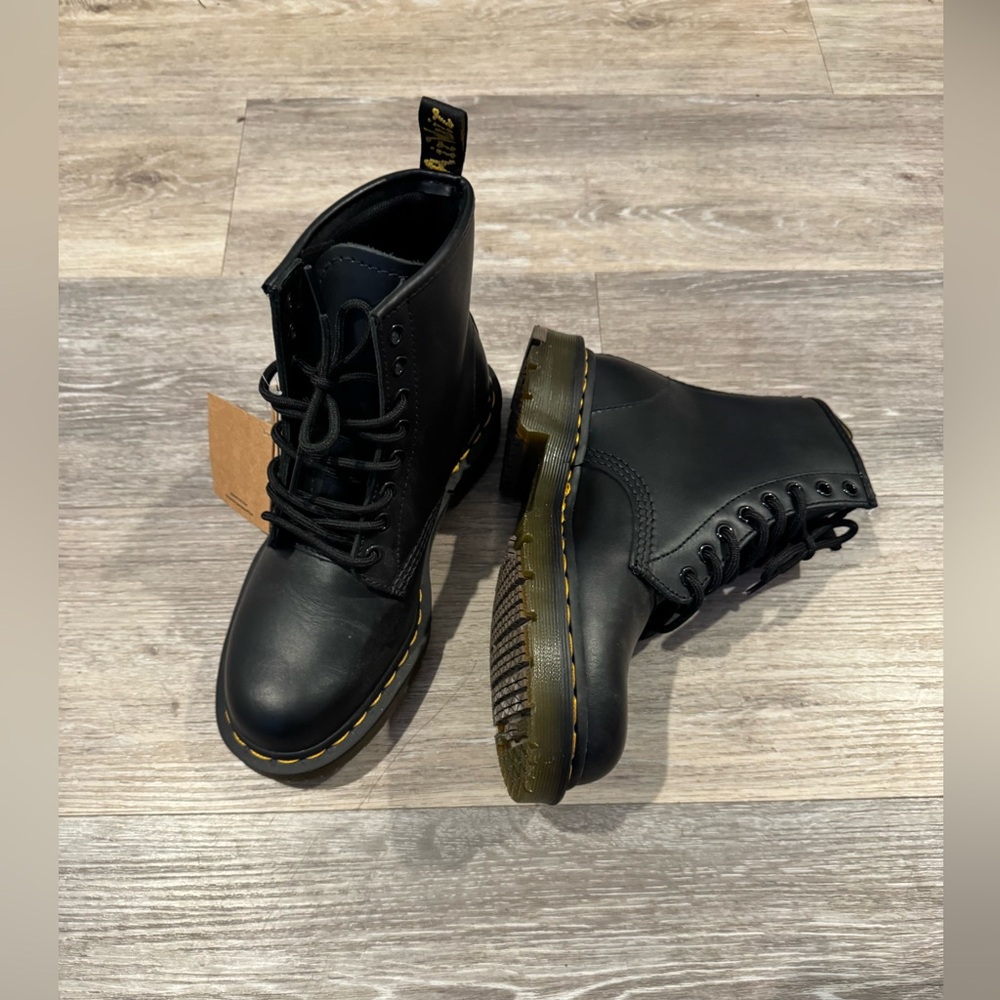 Dr. Martens black leather boots signature yellow welt stitch & air cushion sole